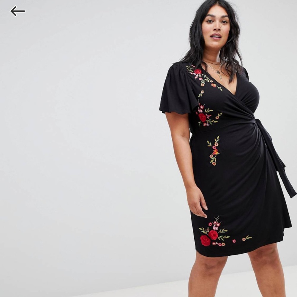 ASOS black wrap dress with floral embroidery